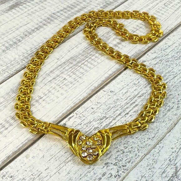 Gold Tone Statement Necklace Rhinestone Inlay 17 Inch Length - Picture 2 of 2